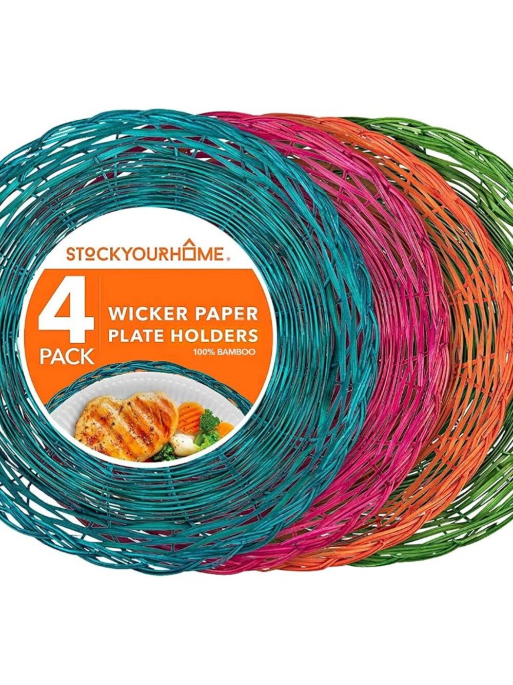10-Inch Bamboo Paper Plate Holder 4 Count - Heavy Duty Wicker Reusable Paper Pla